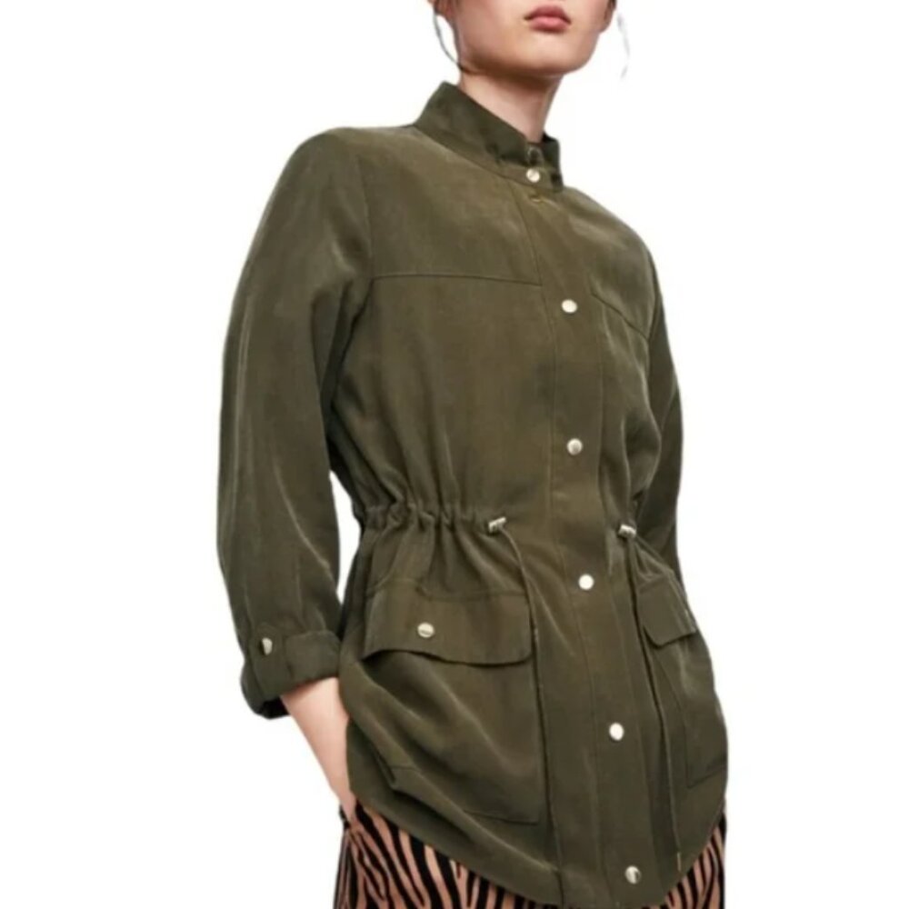 Zara Olive Green Soft Comfy Button Utility Rolled Tab Jacket Large